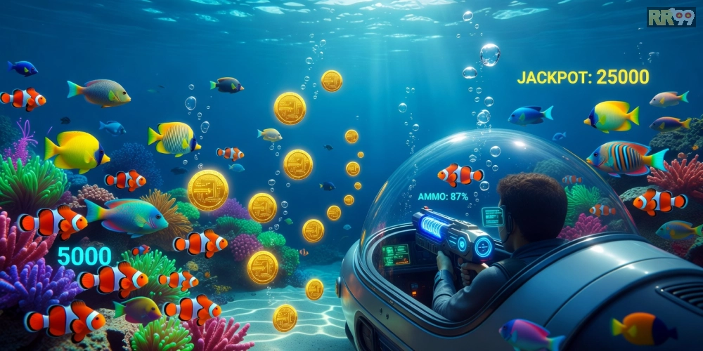 Minh họa khái niệm bắn cá đổi thưởng rr99 với giao diện game sống động và phần thưởng hấp dẫn