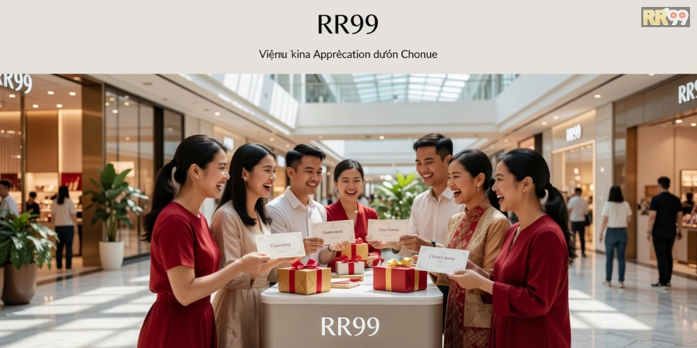 Minh họa chương trình khuyến mãi tri ân khách hàng rr99 với hình ảnh khách hàng nhận quà hấp dẫn