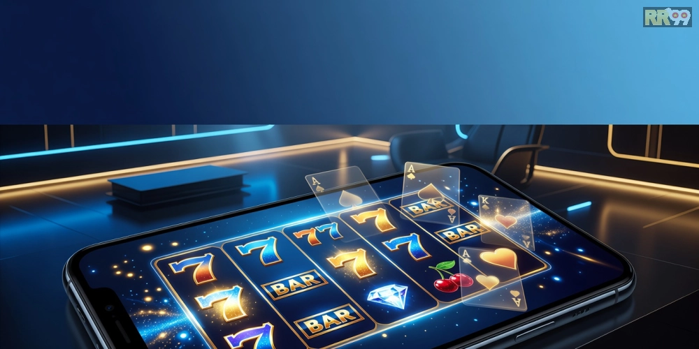 Minh họa giao diện game bài nổ hũ rr99 với các biểu tượng jackpot hấp dẫn và người chơi đang quay