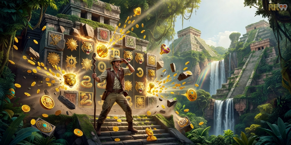Hình ảnh minh họa trò chơi Gonzo's Quest trên RR99 với hiệu ứng nổ hũ đặc sắc