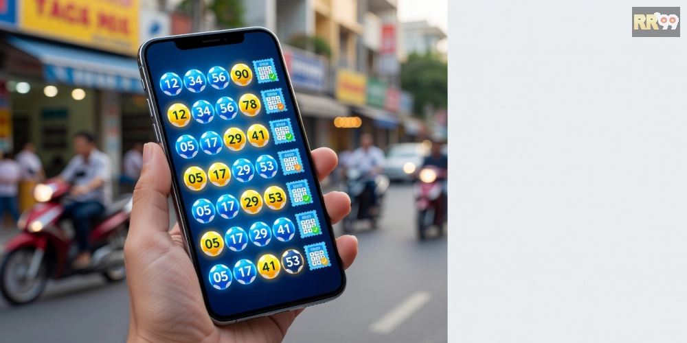 Minh họa kết quả xổ số minh ngọc rr99 hiển thị trên màn hình điện thoại với biểu tượng may mắn.