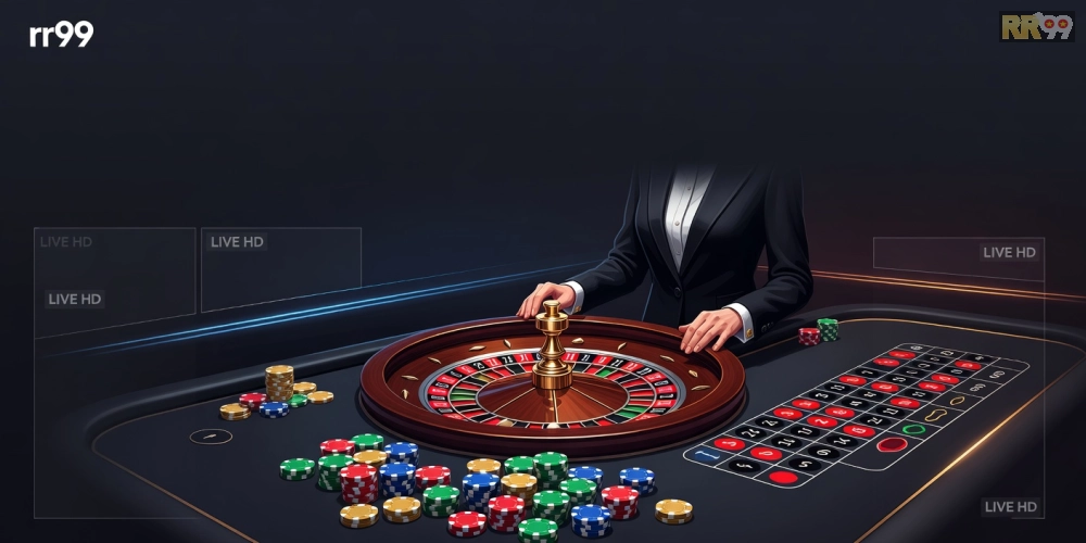 Minh họa giao diện live casino rr99 với dealer chuyên nghiệp và bàn chơi roulette sống động