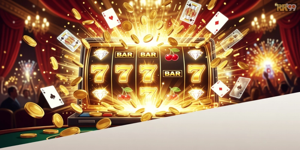 Ảnh jackpot nổ hũ khổng lồ trong game RR99 với hiệu ứng ánh sáng rực rỡ