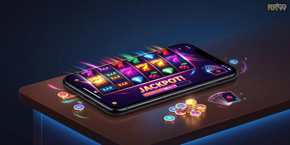 Hình minh họa khái niệm tải game nổ hũ rr99 với giao diện slot hấp dẫn và phần thưởng lớn